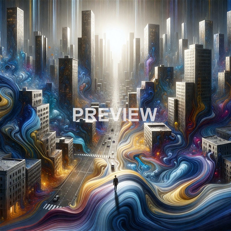 A surreal cityscape with tall skyscrapers and streets, where colorful, swirling streams of paint or energy flow from the buildings and into the sky, creating a vibrant, dreamlike atmosphere.